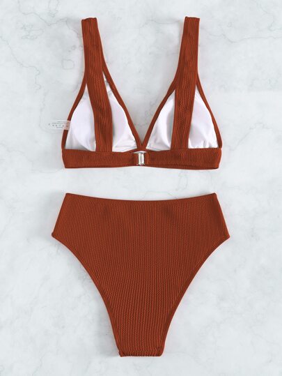 Swim Basics طقم بكيني منسوج لصيف الشاطئ سرّاويل بكيني عالية الخصر وصدرية بكيني لاسلكية قطعتان مجموعة بكيني