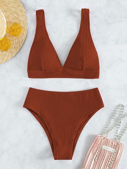 Swim Basics طقم بكيني منسوج لصيف الشاطئ سرّاويل بكيني عالية الخصر وصدرية بكيني لاسلكية قطعتان مجموعة بكيني