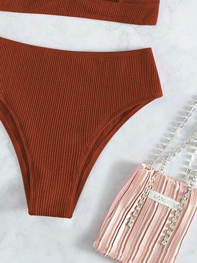 Swim Basics طقم بكيني منسوج لصيف الشاطئ سرّاويل بكيني عالية الخصر وصدرية بكيني لاسلكية قطعتان مجموعة بكيني