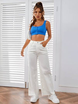 EZwear بنطال بنطلون رحيب الساق بخط سحاب في الأمام بألوان سادة لموسم الصيف