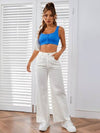 EZwear بنطال بنطلون رحيب الساق بخط سحاب في الأمام بألوان سادة لموسم الصيف