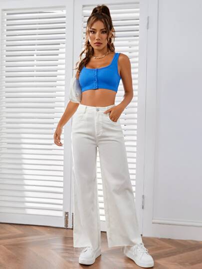 EZwear بنطال بنطلون رحيب الساق بخط سحاب في الأمام بألوان سادة لموسم الصيف