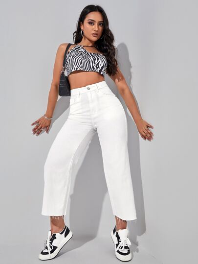 EZwear بنطال جينز أبيض واسع الساق