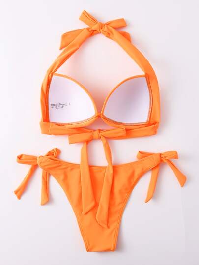 SHEIN Swim مجموعة بيكيني هالتر بخطاف للصدر مع دعم للصدر، لباس سباحة للشاطئ في الصيف