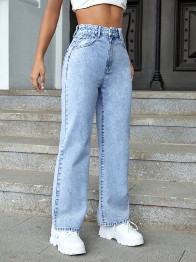 SHEIN ICON بنطلون جينز ذو خصر عالي وساق مستقيمة للصيف