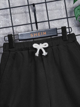 SHEIN شورت رياضي للأولاد المراهقين بخصر مطاطي مخطط وسحاب للخصر، صيفي