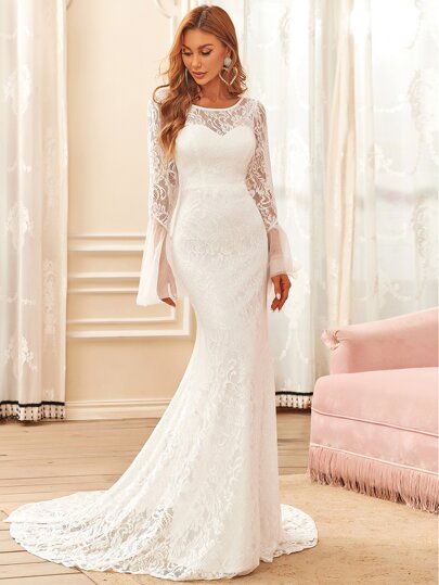 EVERPRETTY فستان زفاف أنيق بأكمام منتفخة وذيل طويل مزين بالدانتيل وذيل مرمري للزفاف في المحكمة، فستان عروس أبيض، للعروس، لعيد الحب والربيع الأنيق