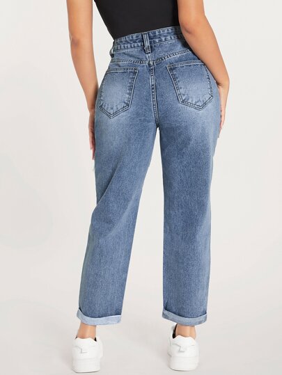 SHEIN PETITE جينز بساق مستقيم ممزق قص مجوف