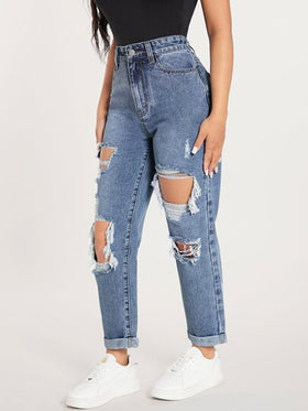 SHEIN PETITE جينز بساق مستقيم ممزق قص مجوف