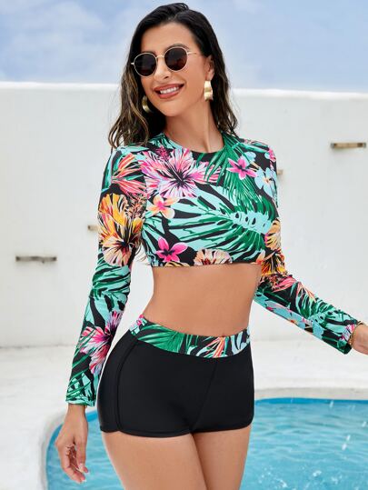 SHEIN Swim طقم تانكيني سباحة بطباعة استوائية أكمام طويلة رباط سباحة قميص & شورت بوكسر 2قطع ملابس سباحة
