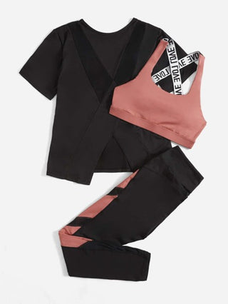 SHEIN Sport Studio طقم رياضي للنساء مكون من 3 قطع مجموعة تريكو بأشرطة حرفية ملونة مع حاشية غير متماثلة، سروال وطقم