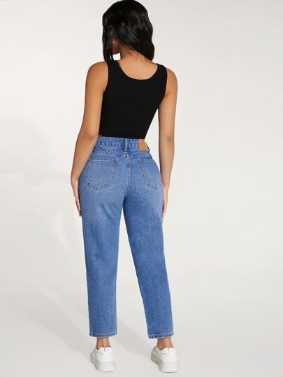 SHEIN PETITE بنطلون جينز مدبب خصر عالي بتفاصيل مرقع