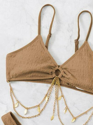 Swim مجموعة ملابس سباحة بيكيني مزينه بسلسلة لصيفية على الشاطئ، البدلة الرطبة