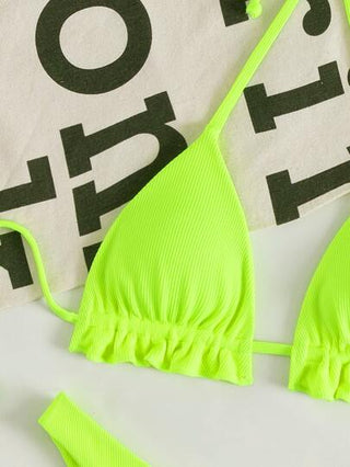 Swim SXY إطقم بكيني نيوني لبني مضلع للشاطئ الصيفي يتكون من حمالة هلالية ذات طية وبكيني قصير القطعتان مجموعة بدلة الاستحمام