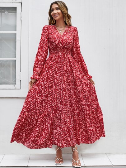 Clasi ثوب بتنورة واسعة مطبوع بنقشة الزهور الصغيرة مع أكمام على شكل قفطان للنساء لملابس السنة الجديدة