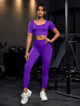 SHEIN Sport Studio طقم يوجا غير ملحوم عالي الإمتداد، بدلة رياضية برقبة مغرفة، بنطلون ضيق للتحكم في البطن 2 قطعة