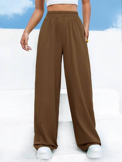 EZwear بنطلون واسع الساق ذو خصر عالي أحادي اللون ، ملابس رمضان