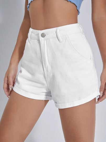 SHEIN EZwear شورت جينز بحافة ملفوف