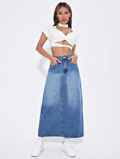 EZwear تنورة دنيم خصر عالي بشريط A