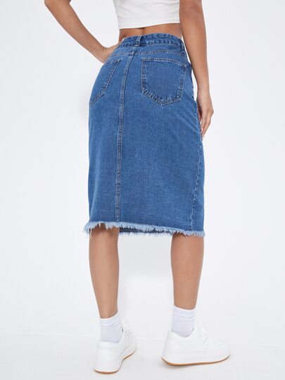EZwear تنورة دنيم أزرار أمامية قص خام