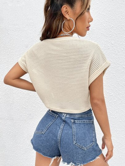 EZwear تي شيرت خاكي بأكمام الخفاش ونسيج بارز