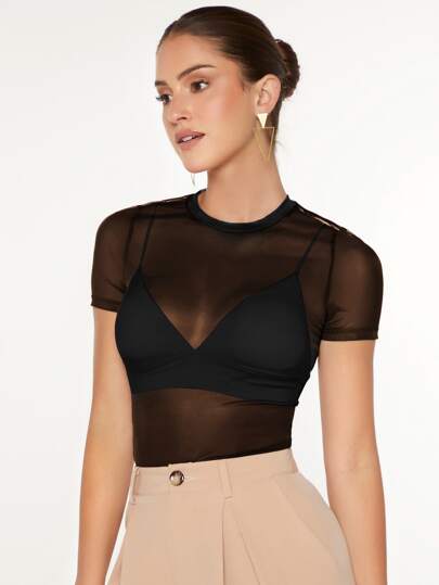 SHEIN BAE لباس علوي نظرة من خلال شبكة بدون حمالة صدر