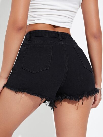 EZwear شورت دنيم خصر عالي ممزق مقلم بخام
