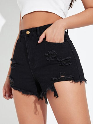 EZwear شورت دنيم خصر عالي ممزق مقلم بخام