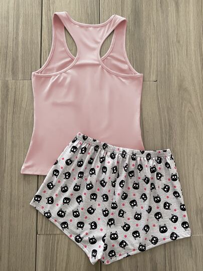 SHEIN طقم بيجامة ذو رابطة أمامية بطباعة شعار وكرتون