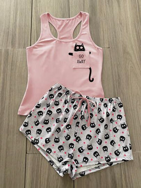 SHEIN طقم بيجامة ذو رابطة أمامية بطباعة شعار وكرتون