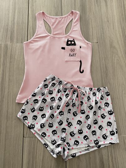 SHEIN طقم بيجامة ذو رابطة أمامية بطباعة شعار وكرتون
