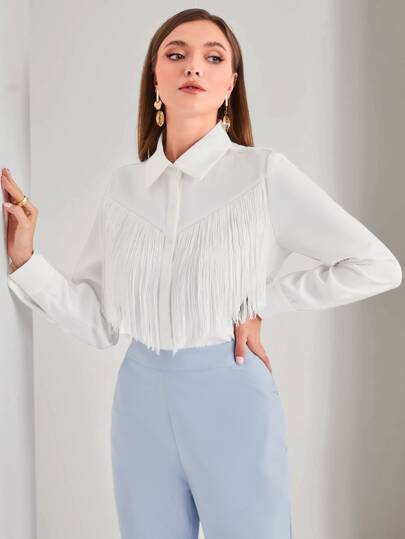 Modelyn قميص أكمام طويلة مع قصات شراشيب أمامية