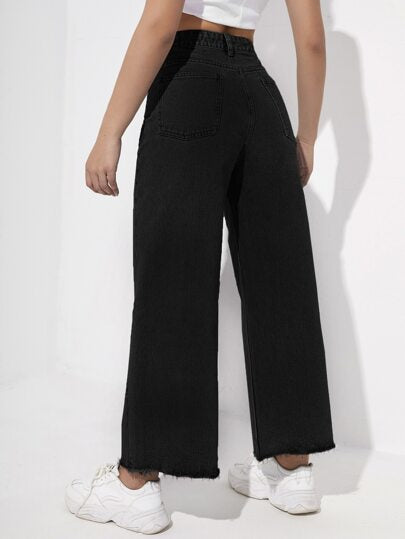 EZwear بنطلون جينز فخذي واسع مع نهاية خام وسحاب، للسيدات، قبعة، جيب، حافة خام ،خصر عالي وساق واسعة وطويلة ، فضفاض، أسود، مناسب للربيع والخريف والاستخدام اليومي