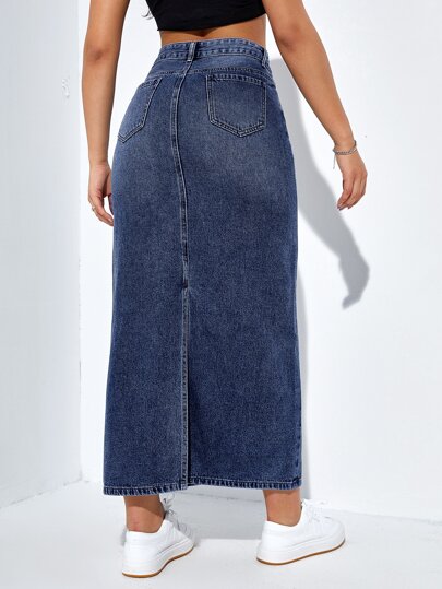 EZwear تنورة دنيم خصر عالي ممزق شق خلفي