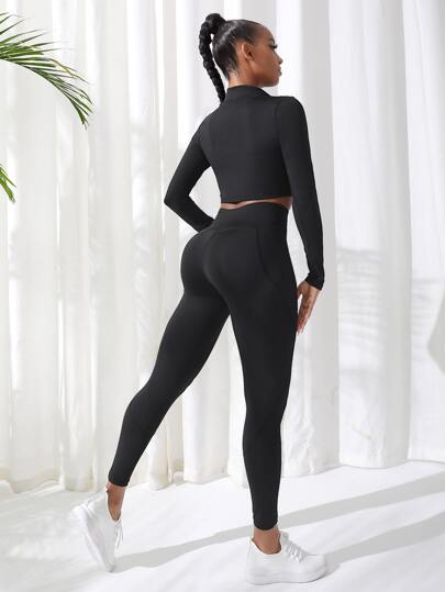 SHEIN Sport Studio طقم يوجا للياقة البدنية بنصف سحاب علوي للتحكم في البطن 2 قطعة