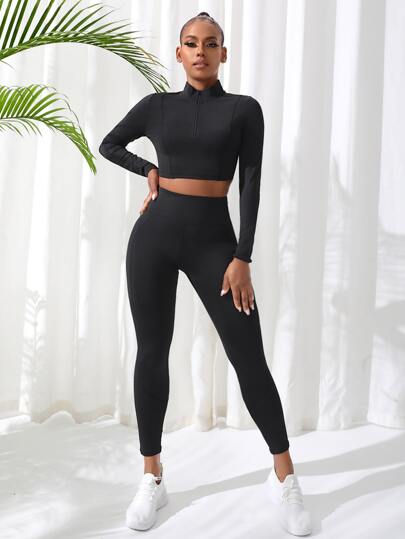 SHEIN Sport Studio طقم يوجا للياقة البدنية بنصف سحاب علوي للتحكم في البطن 2 قطعة