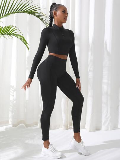 SHEIN Sport Studio طقم يوجا للياقة البدنية بنصف سحاب علوي للتحكم في البطن 2 قطعة