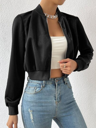 EZwear جاكيت بمقاس أصغر قصيرة مع سحاب للربيع، جاكيت بولو نسائية بياقة عادية وأكمام عادية، ملابس جاهزة للربيع/الخريف، تتميز بلون أسود بسيط وتصميم عادي، جاكيت نسائية خفيفة مناسبة للاستخدام اليومي