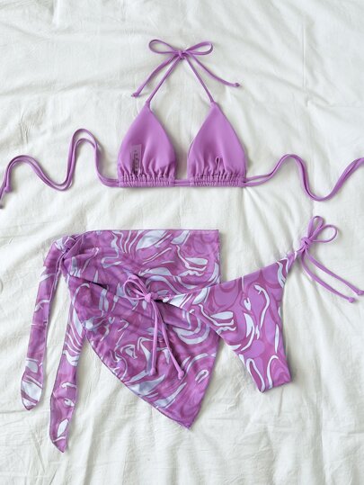 X Sofía Suescun  Swim طقم بكيني شبكي بطبعة رخام للصيف مكون من 3 قطع: حمالة ثلاثية معلقة في الرقبة، وكيني أسفل مربوط في الجانبين، وتنورة