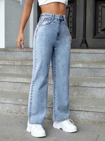SHEIN ICON بنطلون جينز ذو خصر عالي وساق مستقيمة للصيف