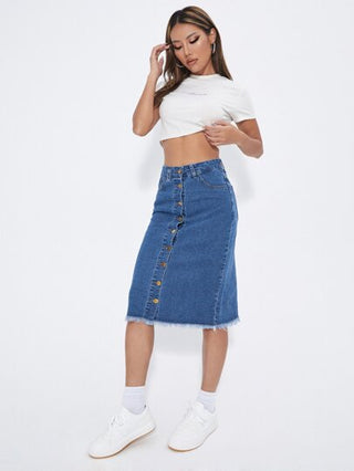 EZwear تنورة دنيم أزرار أمامية قص خام