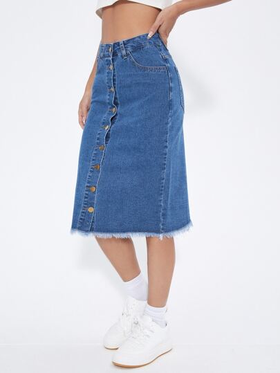EZwear تنورة دنيم أزرار أمامية قص خام