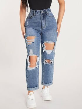 SHEIN PETITE جينز بساق مستقيم ممزق قص مجوف