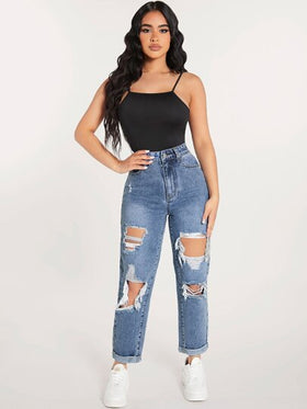 SHEIN PETITE جينز بساق مستقيم ممزق قص مجوف