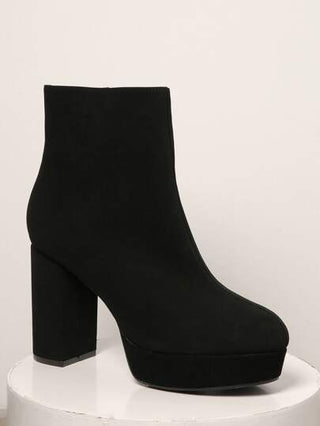 SHUZIA حذاء كلاسيكي نسائي بكعب سميك منصة، بوت قصير مزود بسحاب داخلي برقبة مستديرة، من جلد البولي يوريثان باللون الأسود