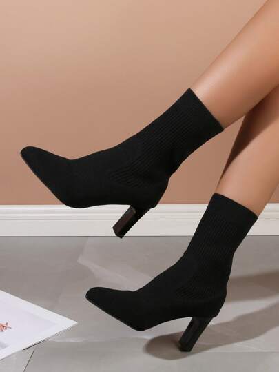 سراويل رياضية متطابقة، بوت إيليغانت أنيقة من لون واحد أسود بكعب سميك مدبب للنساء، بوت جوارب ذات كعب سميك باللون الأسود