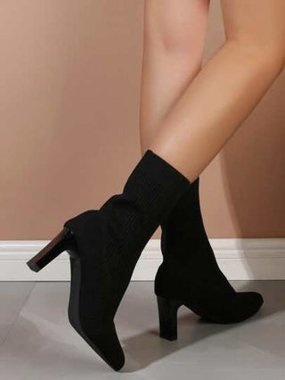 سراويل رياضية متطابقة، بوت إيليغانت أنيقة من لون واحد أسود بكعب سميك مدبب للنساء، بوت جوارب ذات كعب سميك باللون الأسود