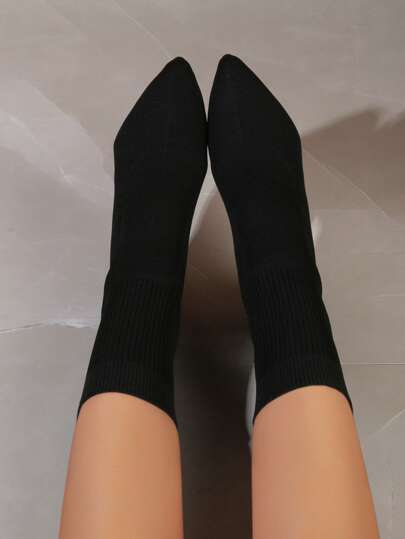 سراويل رياضية متطابقة، بوت إيليغانت أنيقة من لون واحد أسود بكعب سميك مدبب للنساء، بوت جوارب ذات كعب سميك باللون الأسود