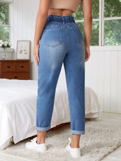 SHEIN Essnce بنطلون جينز مدبب خصر مكشكش ورقي جيب مائل