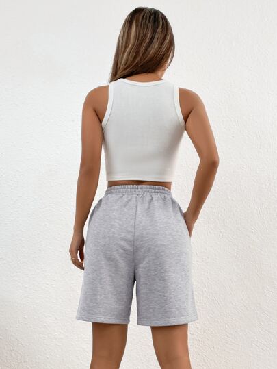 EZwear بنطلون قصير موحدة اللون خصر معقود جيب مائل